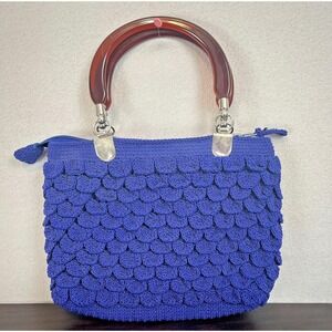 Vintage Macrame Purse Cobalt Blue Boho Handbag Crocheted Lucite Handle Mermaid